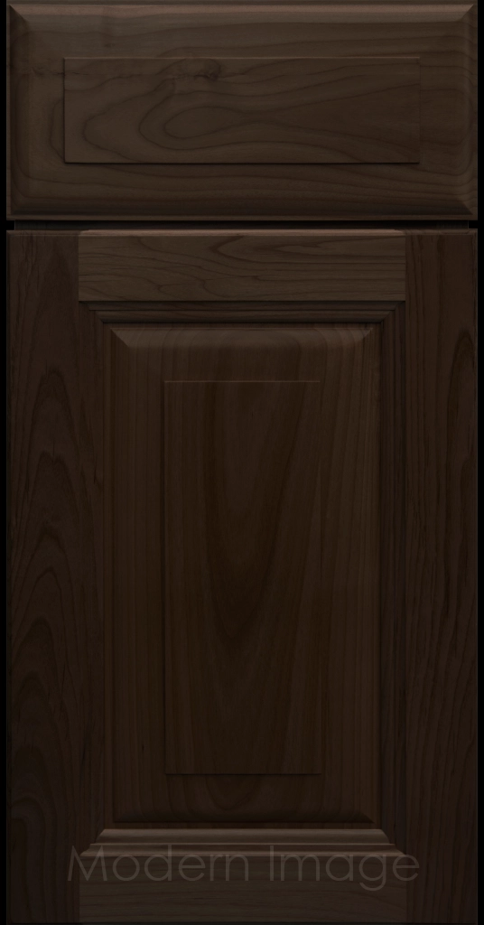 Durango raised panel cabinet door in a Brownie stain featuring a stepped molded frame.